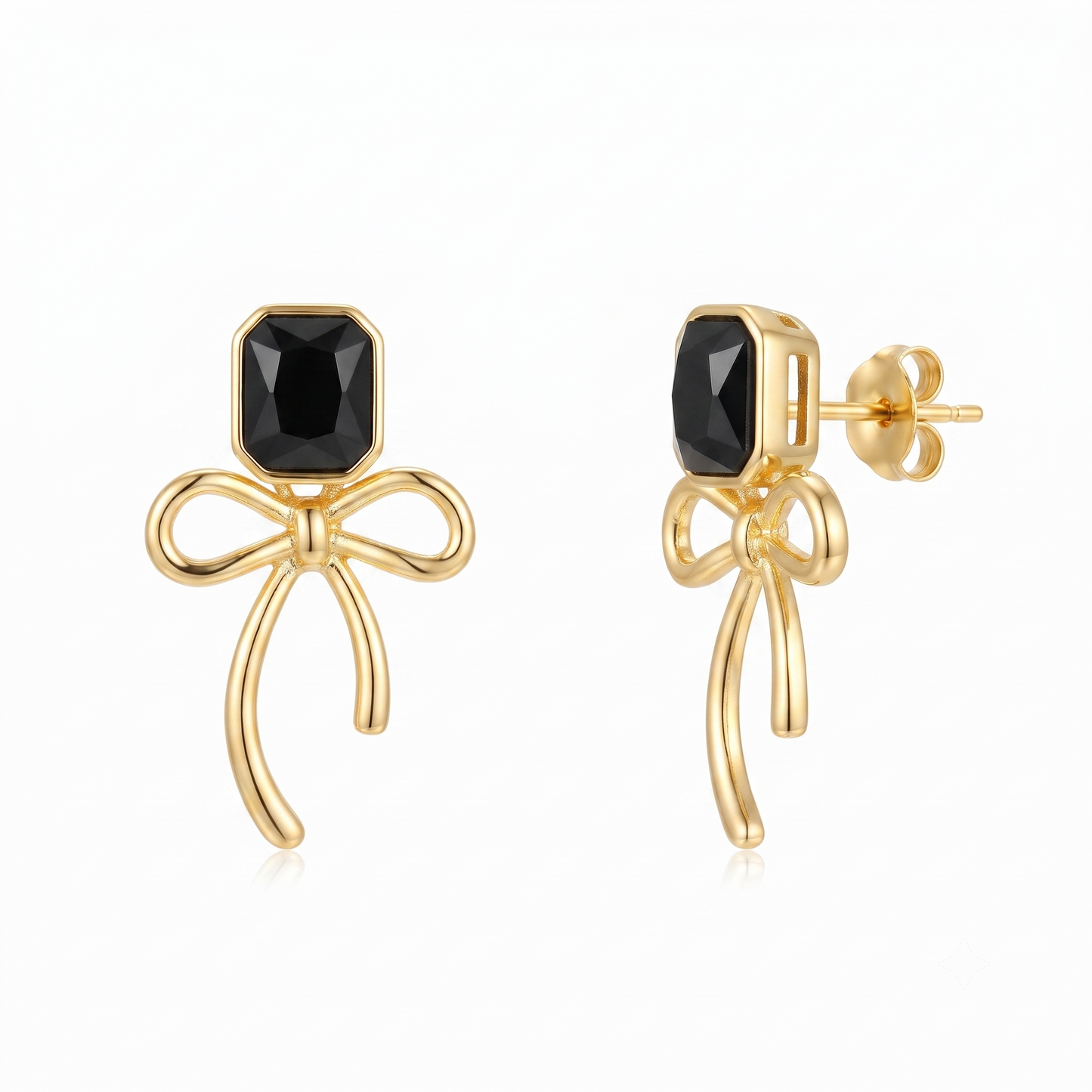 Gold Plated Brass Black Gem Bow Drop Earrings