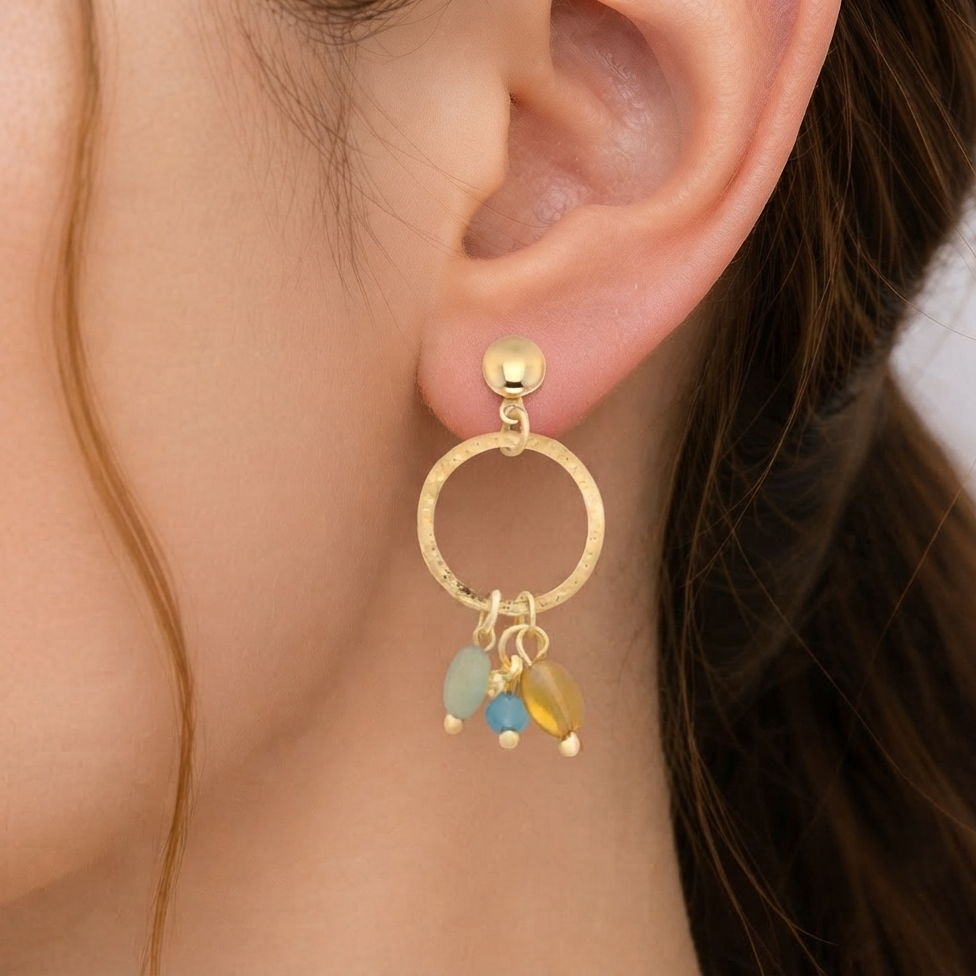 Gold Plated Hammered Hoop Earrings with Multicolor Pebble Charms for Women