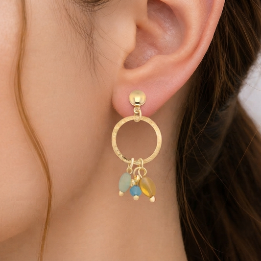 Gold Plated Hammered Hoop Earrings with Multicolor Pebble Charms for Women