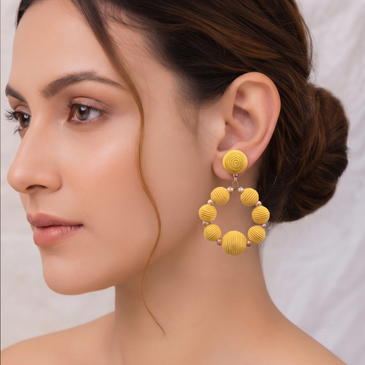 Handcrafted Yellow Fabric Wrapped Bauble Hoop Drop Earrings for Women