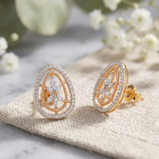 Gold Plated Brass Oval Filigree American Diamond Stud Earrings for Women