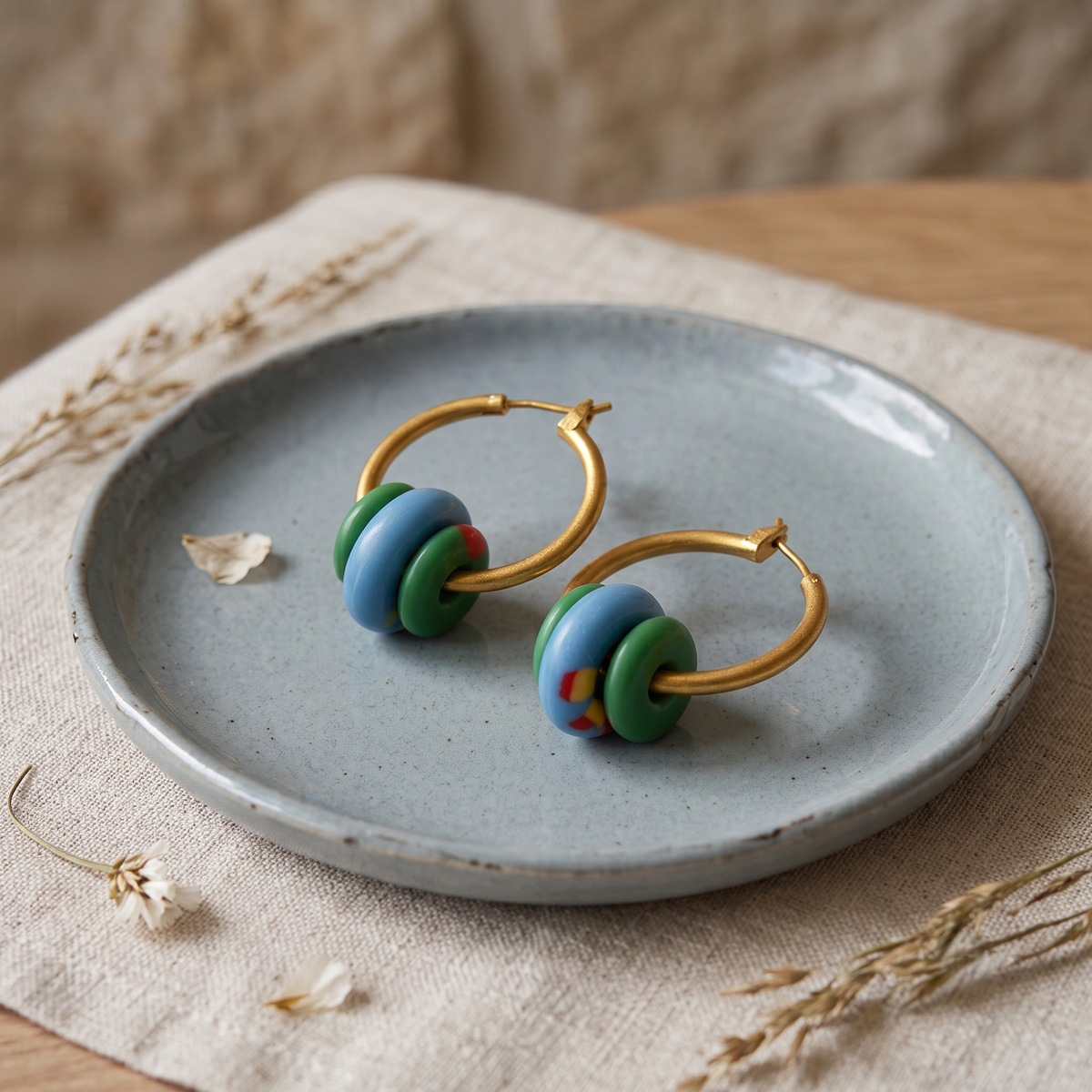 Gold Plated Hoop Earrings with Colorful Bead Charms for Women Trendy Bali Earrings
