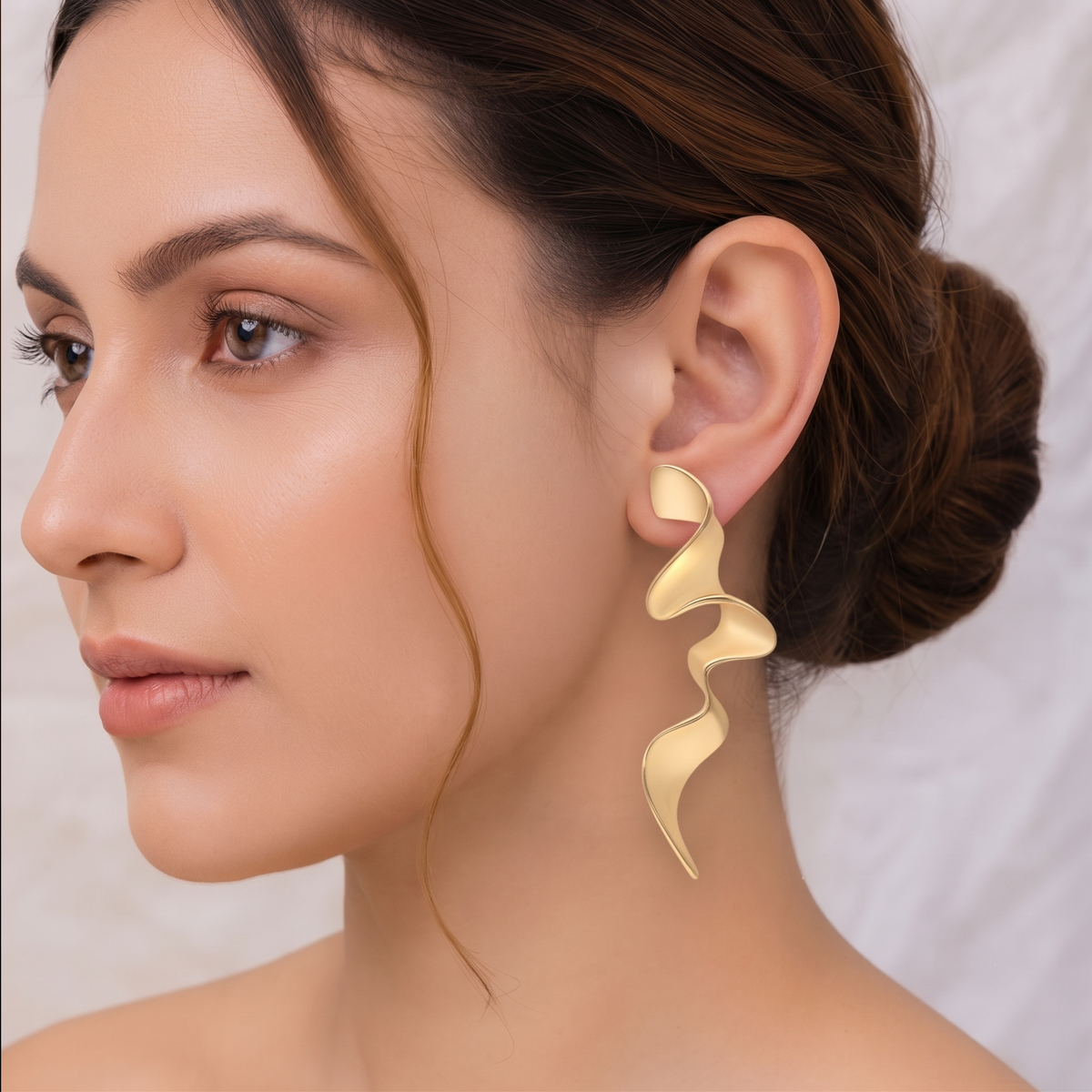 Gold Plated Matte Finish Abstract Ribbon Twist Long Stud Earrings for Women