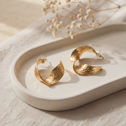 Brass Hammered Textured Abstract Twist Open Hoop Earrings for Women