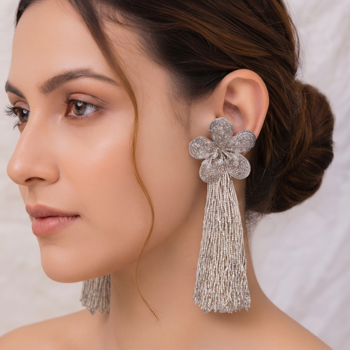 Handcrafted Silver Metallic Seed Bead Flower Tassel Drop Earrings for Women