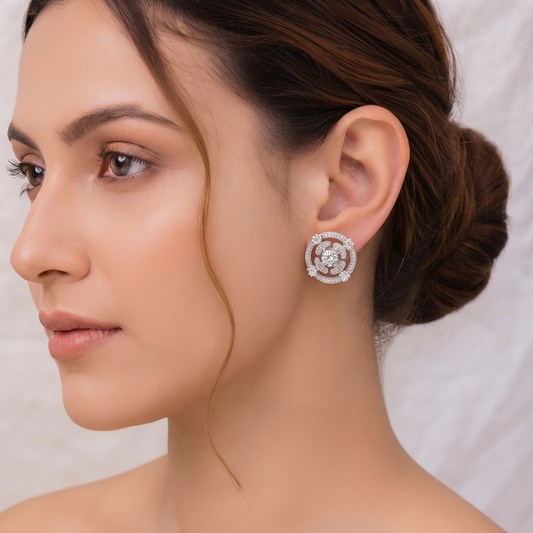 Silver Plated Brass Concentric Open Circle Stud Earrings with Cluster Crystals