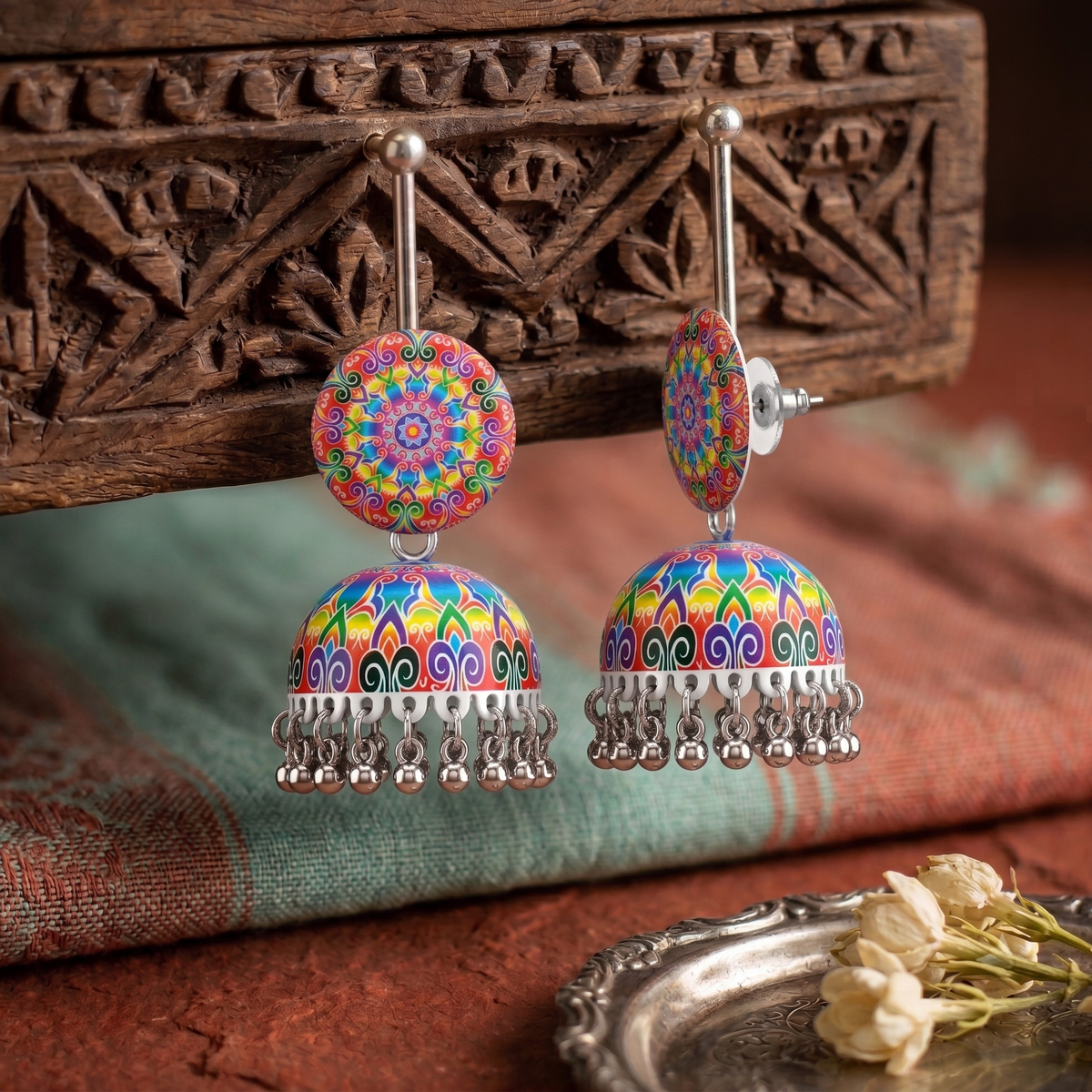 Rainbow Mandala Print Jhumka Earrings for Women Silver Ghungroo Balis