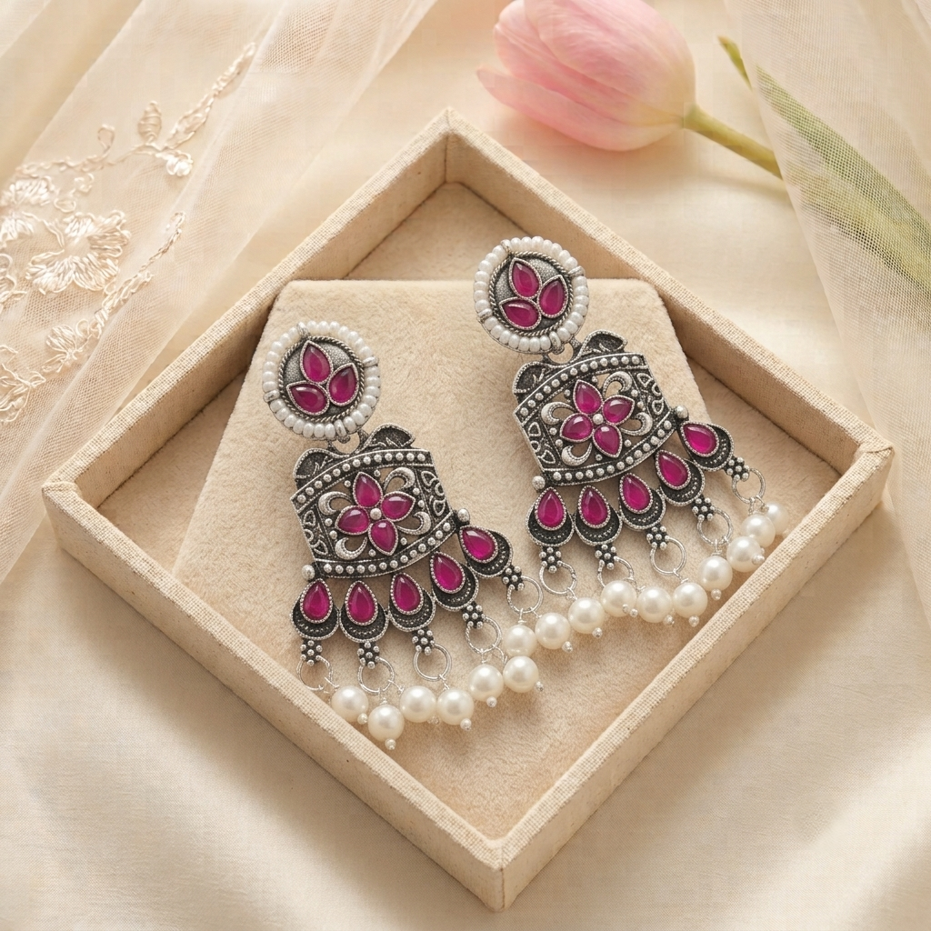 Oxidised Silver Chandelier Earrings with Pink Stones Pearl