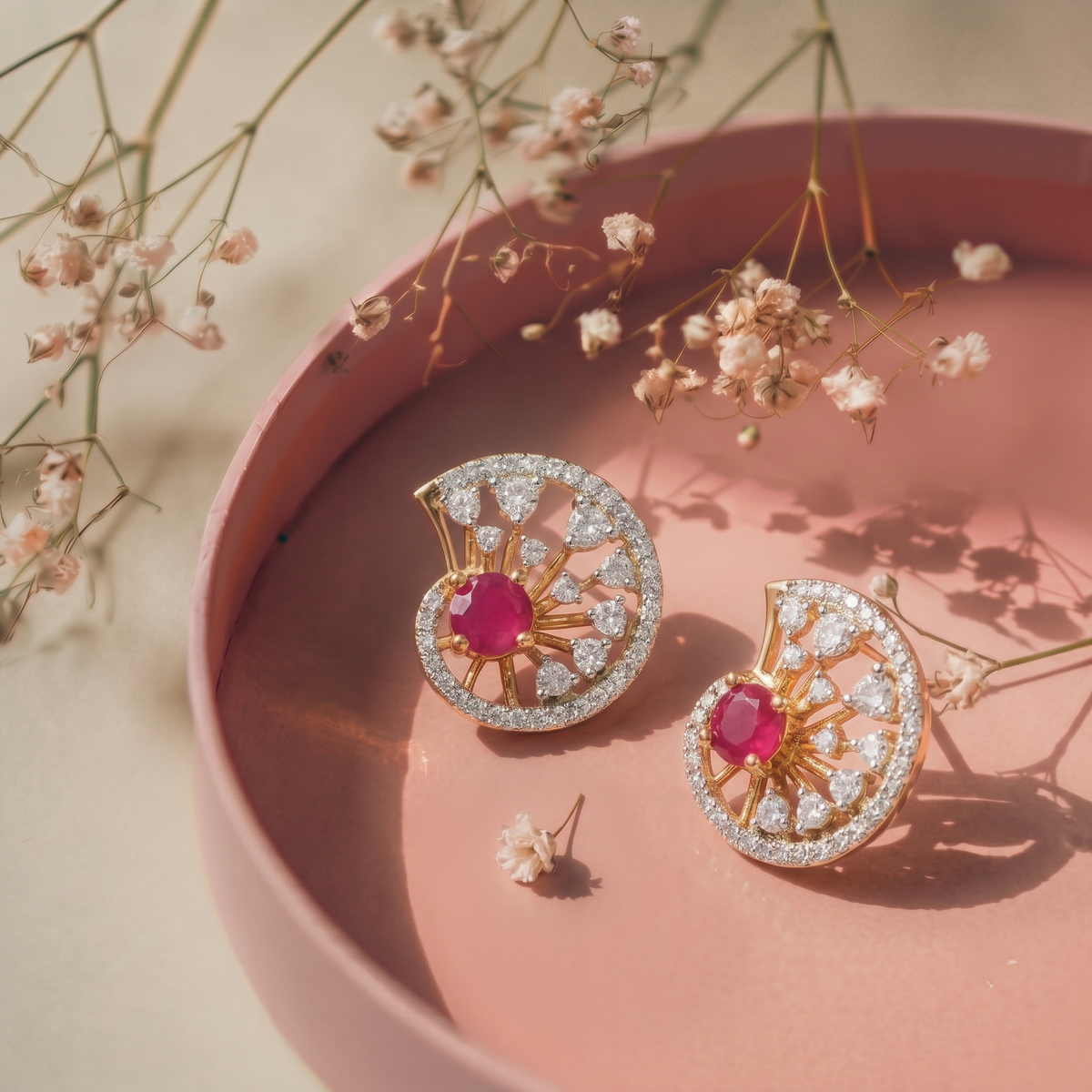 Gold Plated Ruby & CZ Nautilus Shell Stud Earrings
