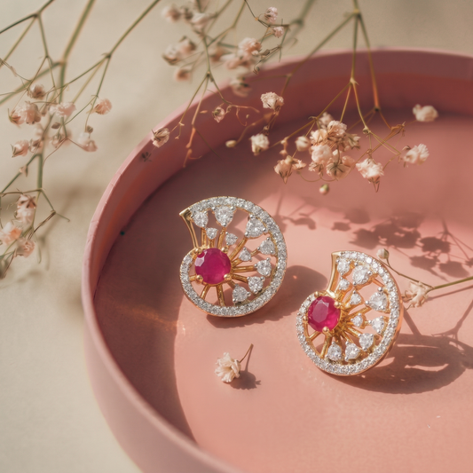 Gold Plated Ruby & CZ Nautilus Shell Stud Earrings