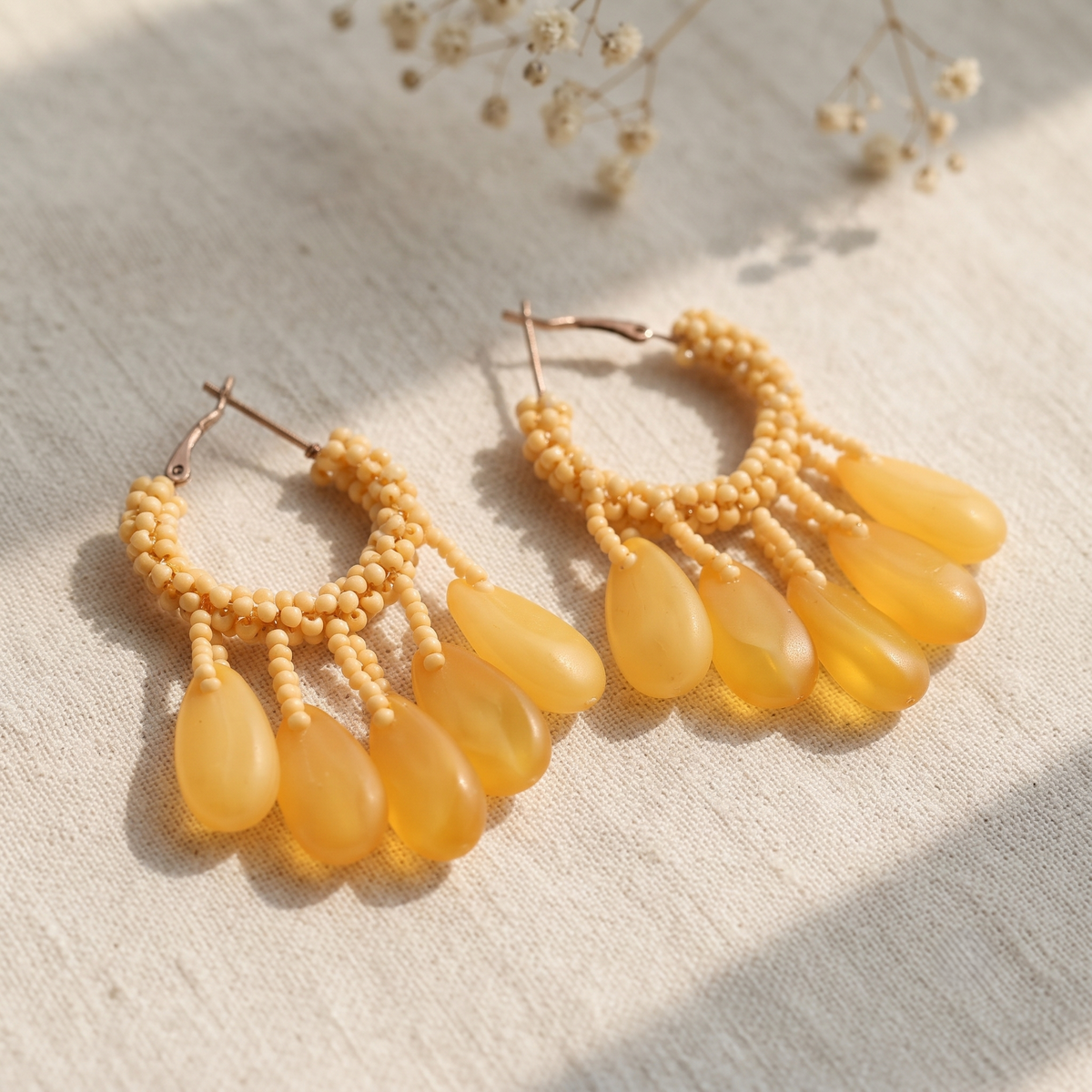 Handcrafted Yellow Seed Bead Hoop Earrings with Teardrop Dangle Tassels for Women