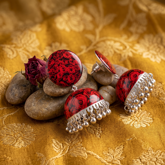Red Rose Printed Jhumka Earrings for Women Silver Ghungroo Balis