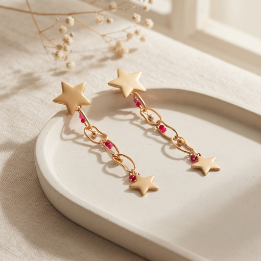 Gold Plated Star Motif Long Multi-Link Drop Earrings for Women Celestial Hanging Balis