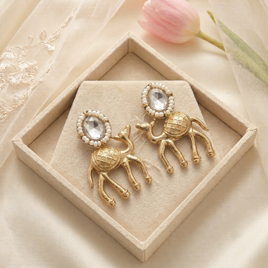 Traditional Rajasthani Gold Camel Motif Earrings with Pearls