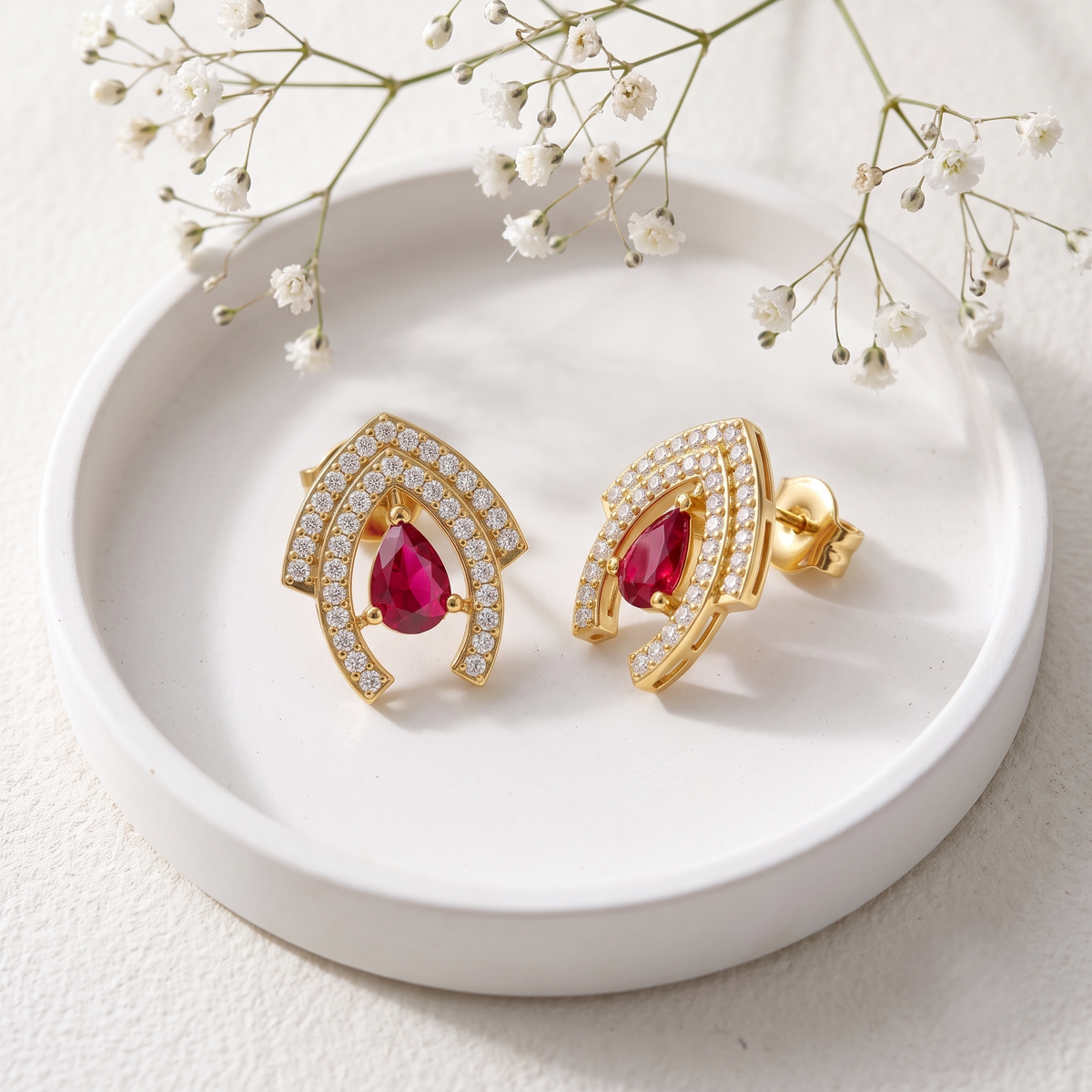 Gold Plated Brass Geometric Double Arch Stud Earrings with Ruby Red Teardrop Crystal