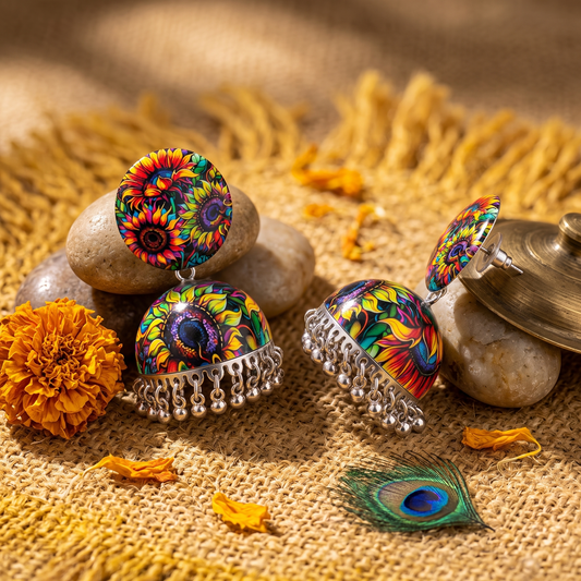 Sunflower Printed Jhumka Earrings for Women Silver Ghungroo Balis
