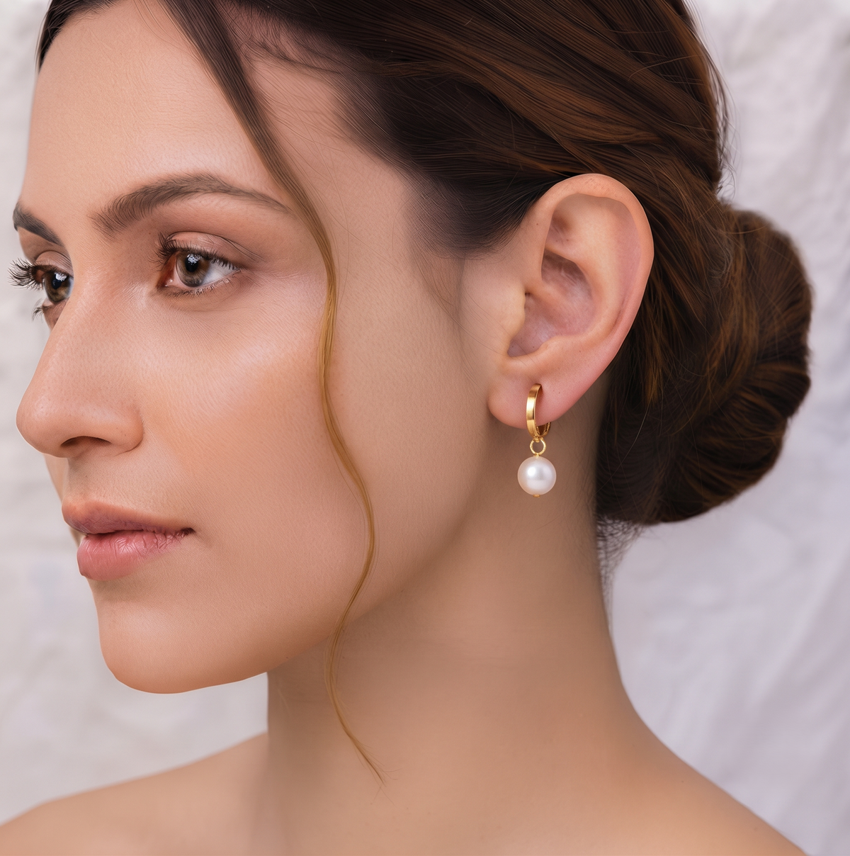 Gold Plated Brass Huggie Hoop Earrings with Pearl Drop Charms