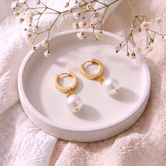 Gold Plated Brass Huggie Hoop Earrings with Pearl Drop Charms