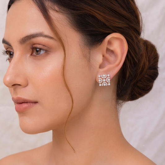 Rose Gold Geometric Square American Diamond Stud Earrings for Women