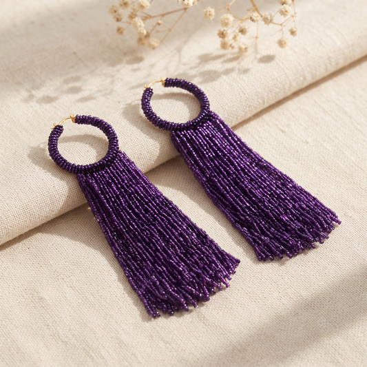 Handcrafted Deep Purple Seed Bead Hoop Tassel Drop Earrings for Women