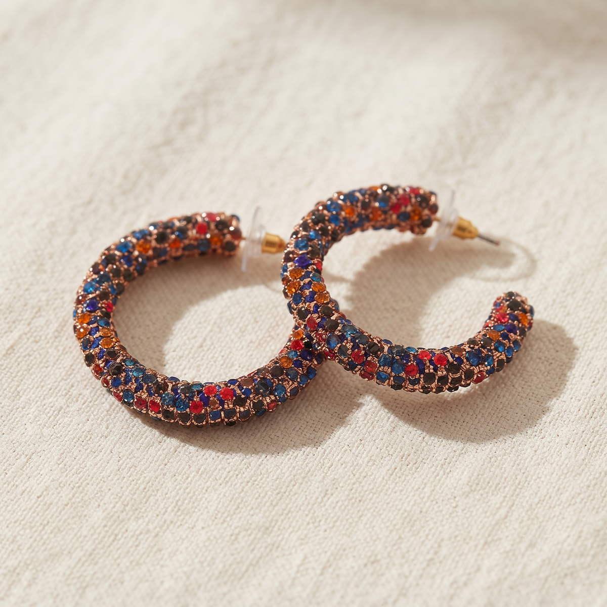 Colorful CZ Crystal Studded Brass C-Hoop Party Wear Earrings