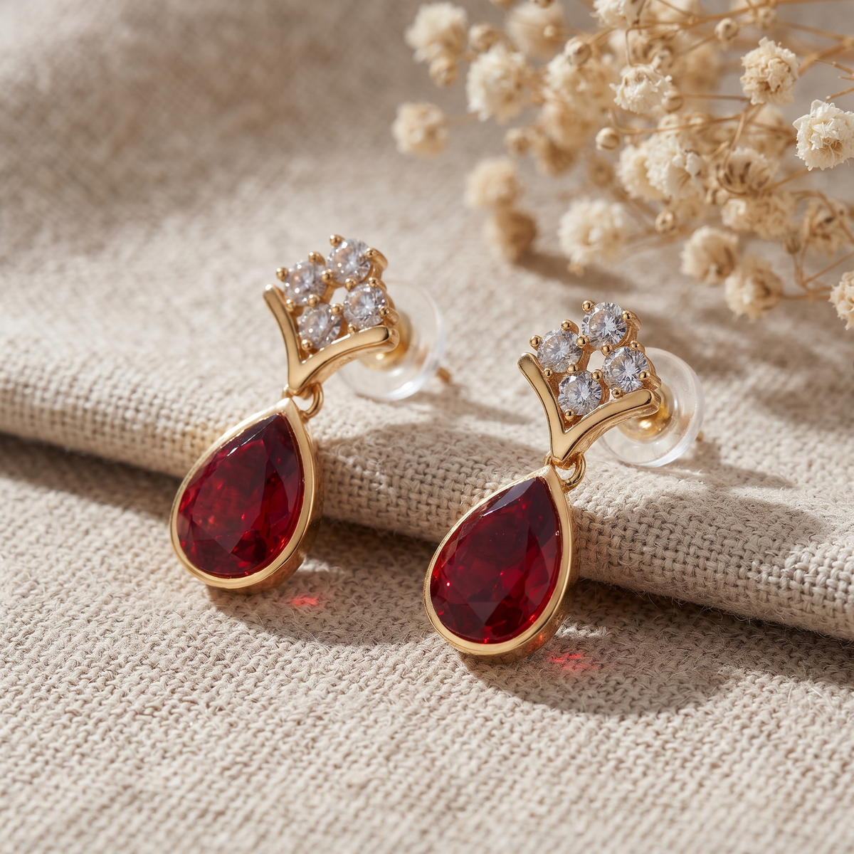 Gold Plated Brass Teardrop Drop Earrings with Red Stone