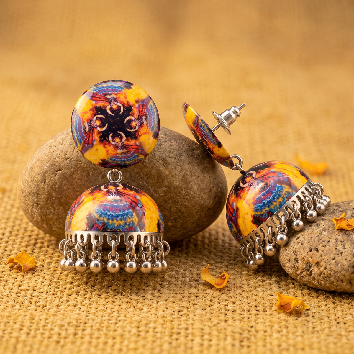 Multicolor Abstract Print Jhumka Earrings for Women Oxidized Ghungroo Balis