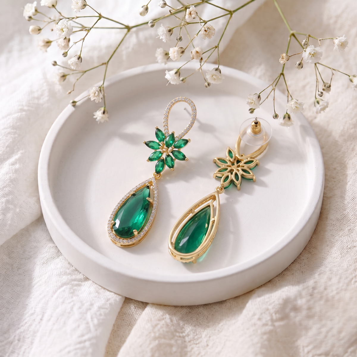 Gold Plated Brass Emerald Green Crystal Flower and Teardrop Dangle