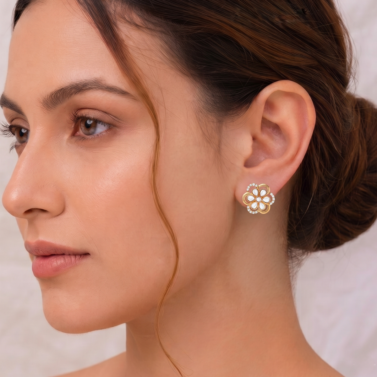 Gold Plated Floral Motif White Stone and CZ Diamond Stud Earrings for Women