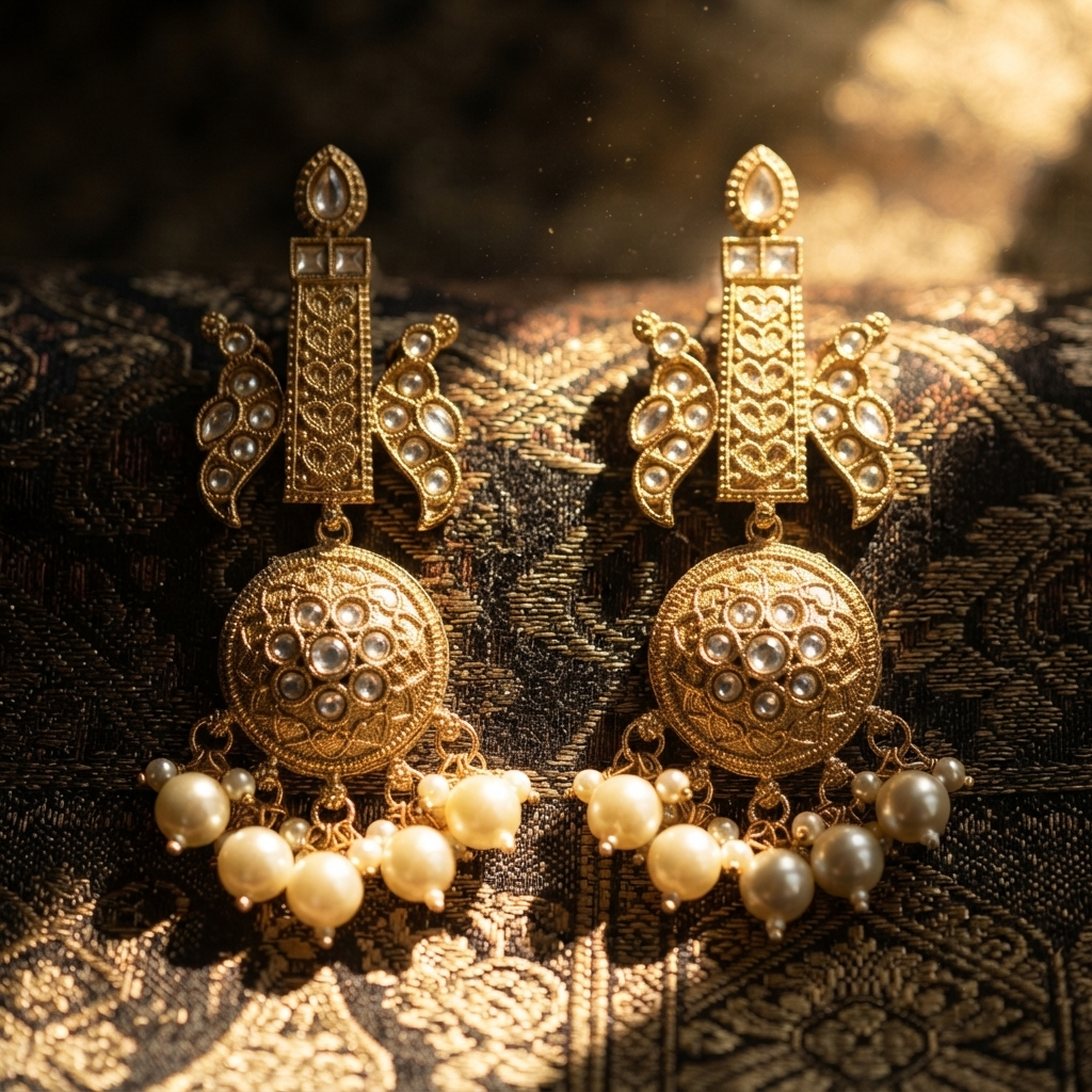 Antique Traditional Gold Pillar Stud Earrings with Pearls