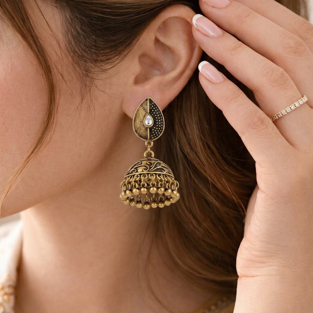 Antique Gold Dome Jhumka Earrings Textured Teardrop Stud Hanging Jhumki