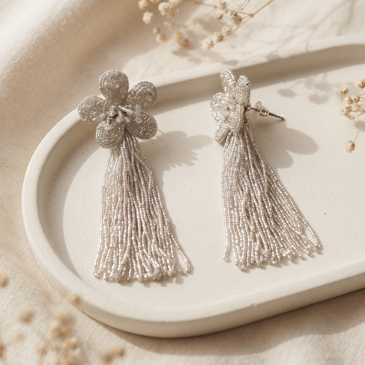 Handcrafted Silver Metallic Seed Bead Flower Tassel Drop Earrings for Women