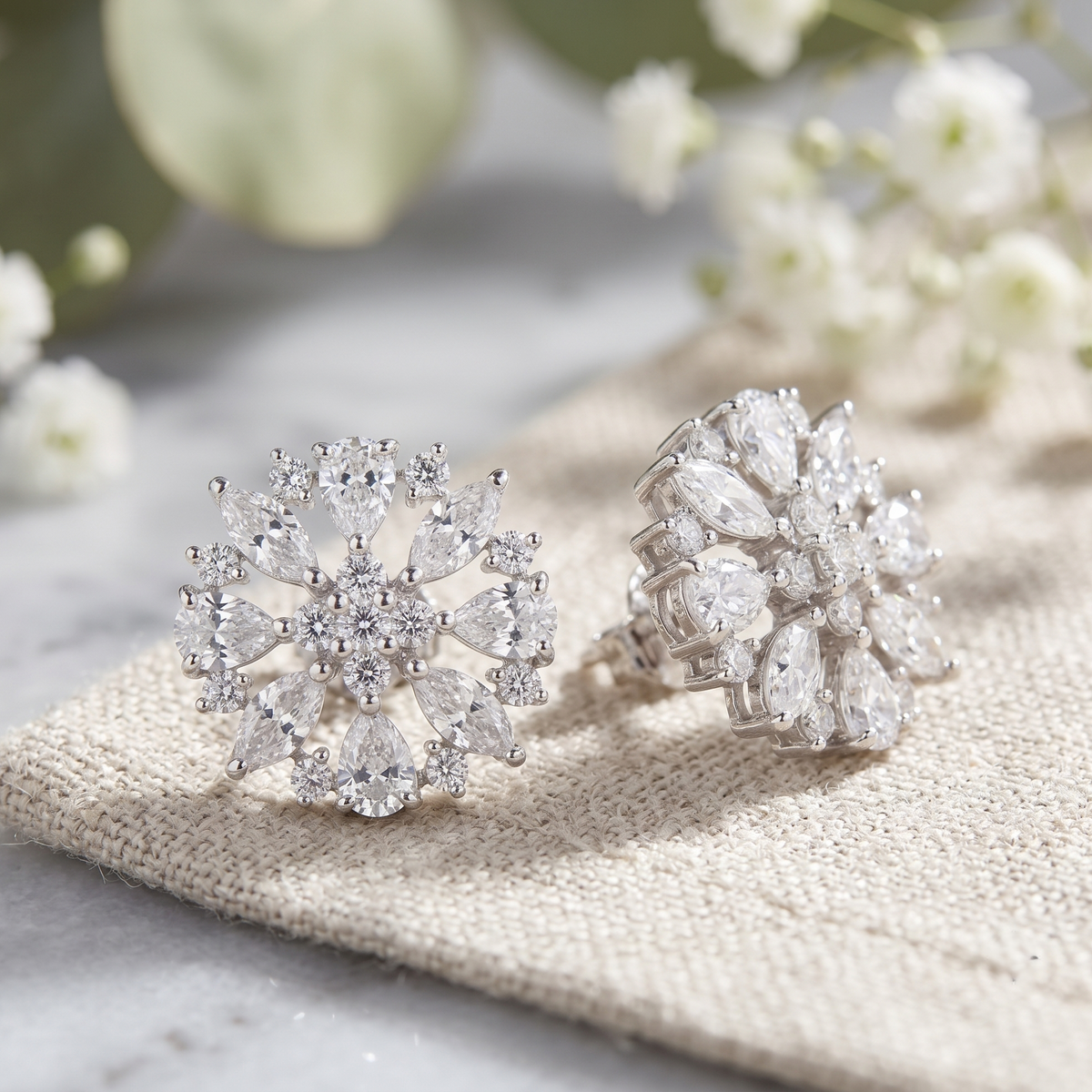 Silver Plated CZ Snowflake Cluster Stud Earrings