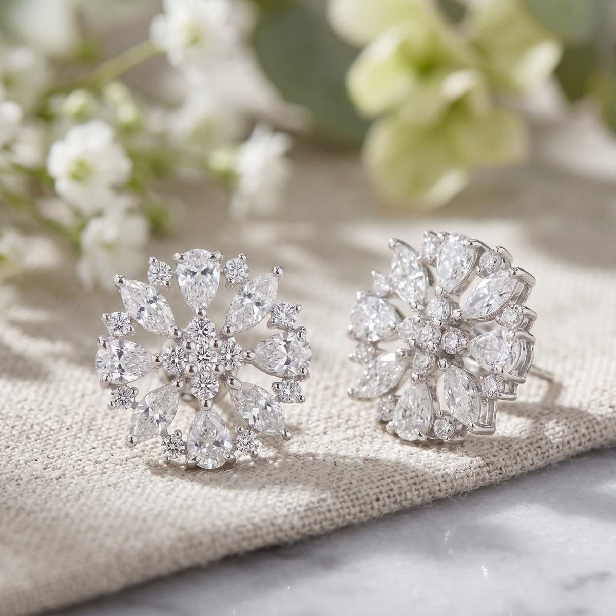 Silver Plated CZ Snowflake Cluster Stud Earrings