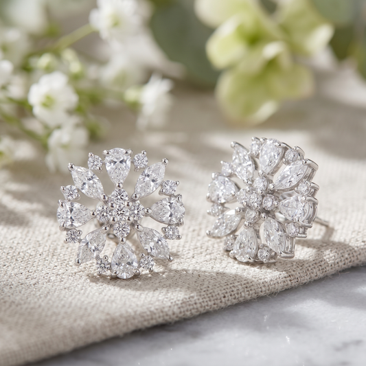Silver Plated CZ Snowflake Cluster Stud Earrings