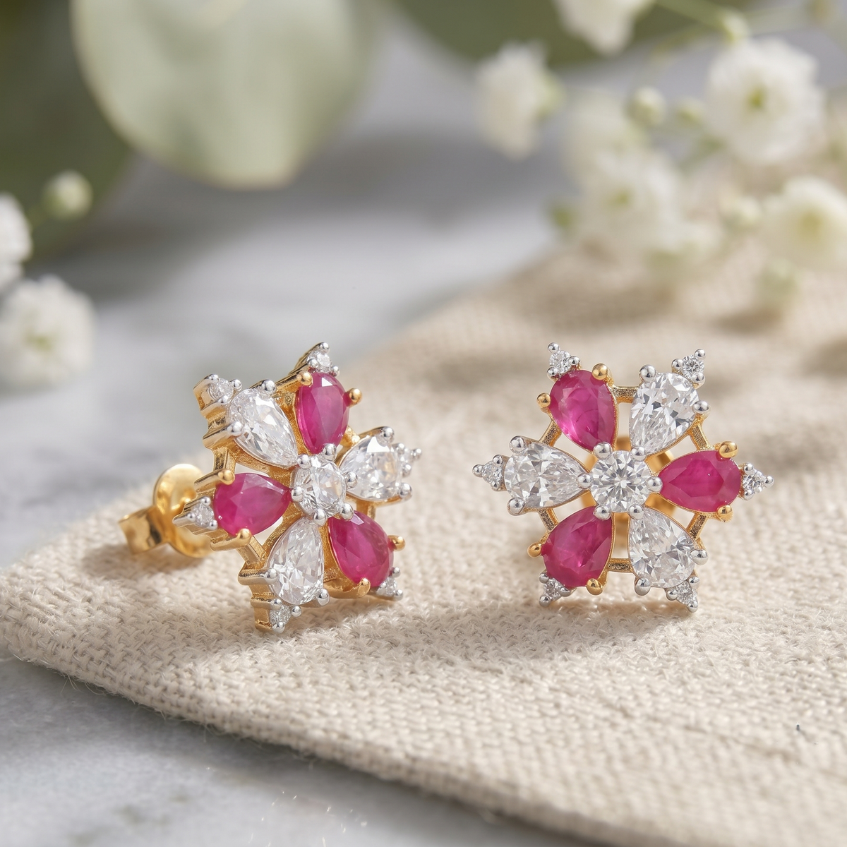 Gold Plated Pink and White American Diamond Studded Floral Stud Earrings