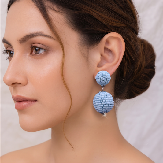 Handcrafted Light Blue Seed Bead Double Bauble Drop Earrings for Women