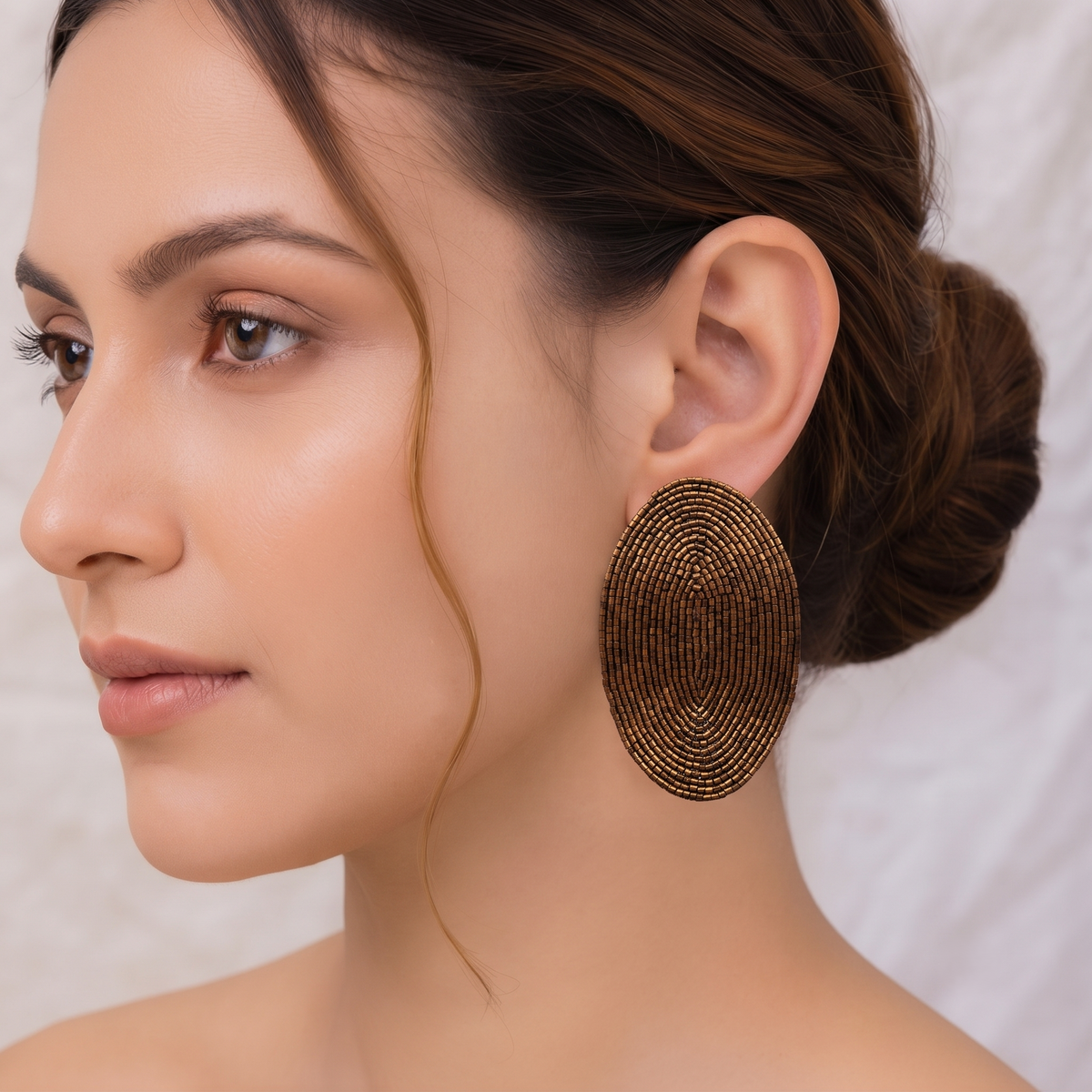 Handcrafted Bronze Metallic Seed Bead Oval Stud Earrings for Women Boho Statement Tops
