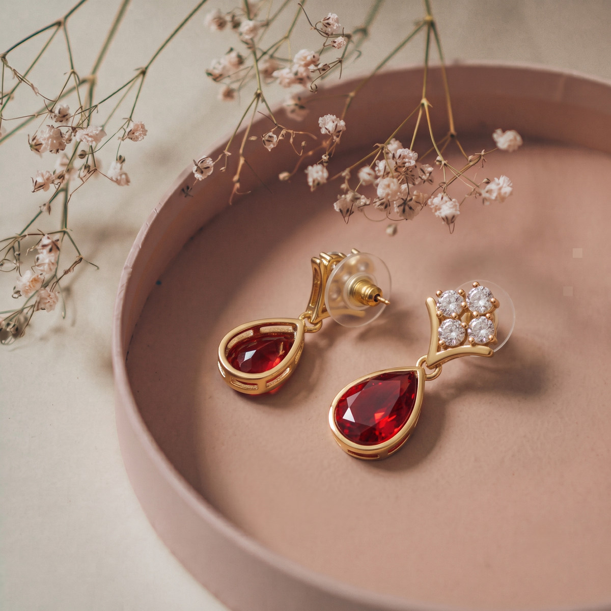 Gold Plated Brass Teardrop Drop Earrings with Red Stone