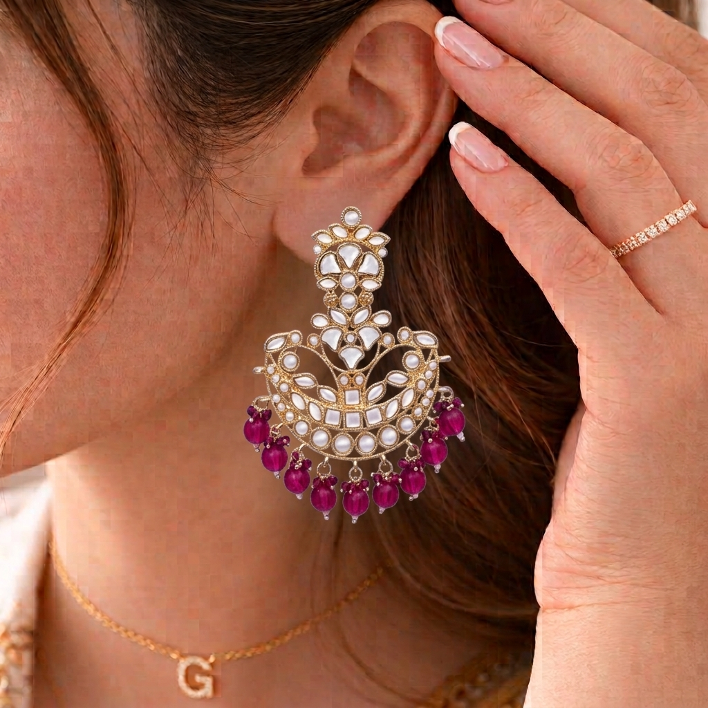 Gold Plated Traditional Kundan Chandbali Earrings with Pink Beads