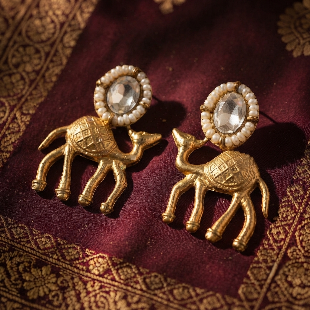 Traditional Rajasthani Gold Camel Motif Earrings with Pearls