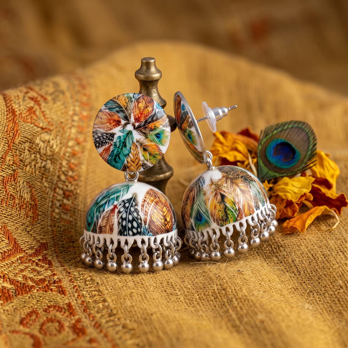 Multicolor Peacock Feather Print Jhumka Earrings for Women Silver Ghungroo Balis