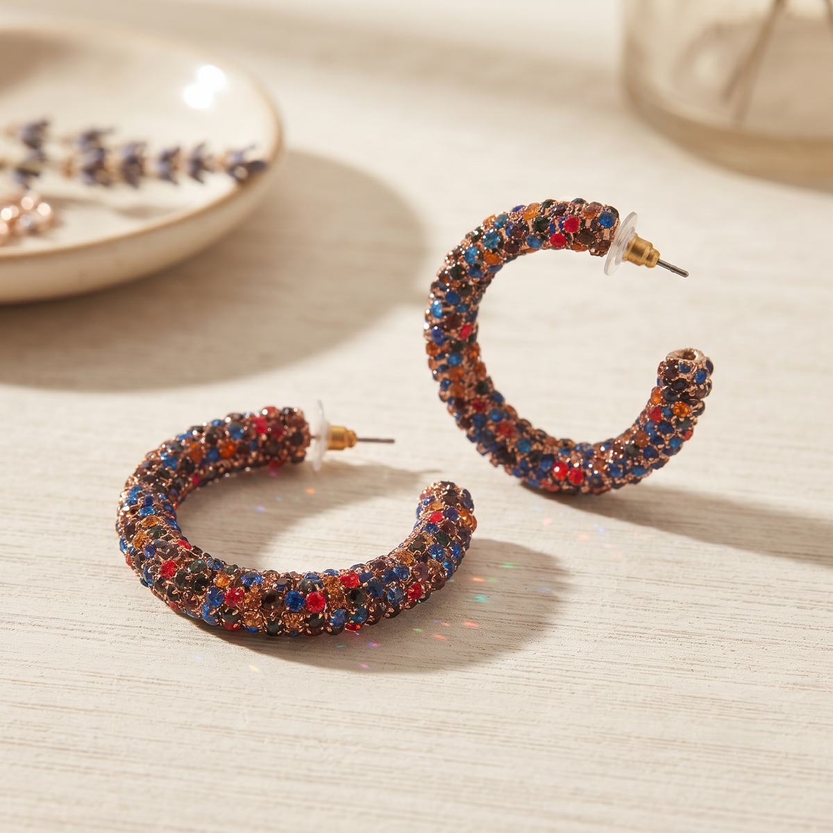 Colorful CZ Crystal Studded Brass C-Hoop Party Wear Earrings