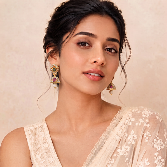 Gold Plated Brass Small Multi-Color CZ Stone Jhumki Earrings for Women