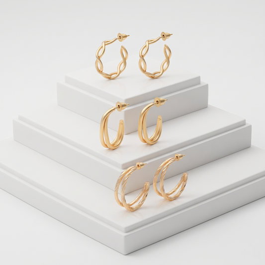 Modern Gold-Plated Hoop Earrings Set 3 Pairs of Twisted