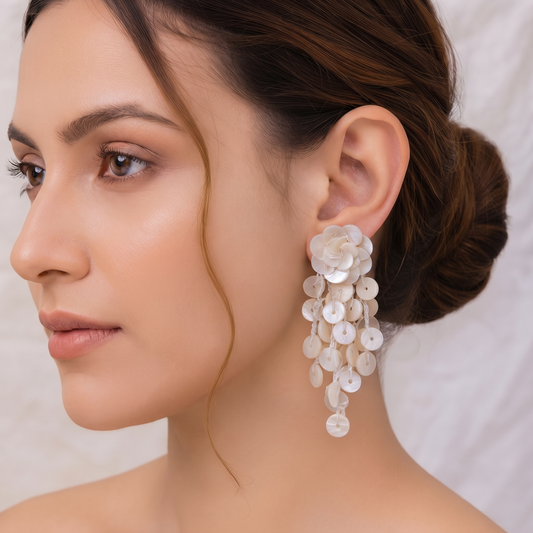 Handcrafted Mother of Pearl Shell Flower Tassel Drop Earrings Boho Statement Tops