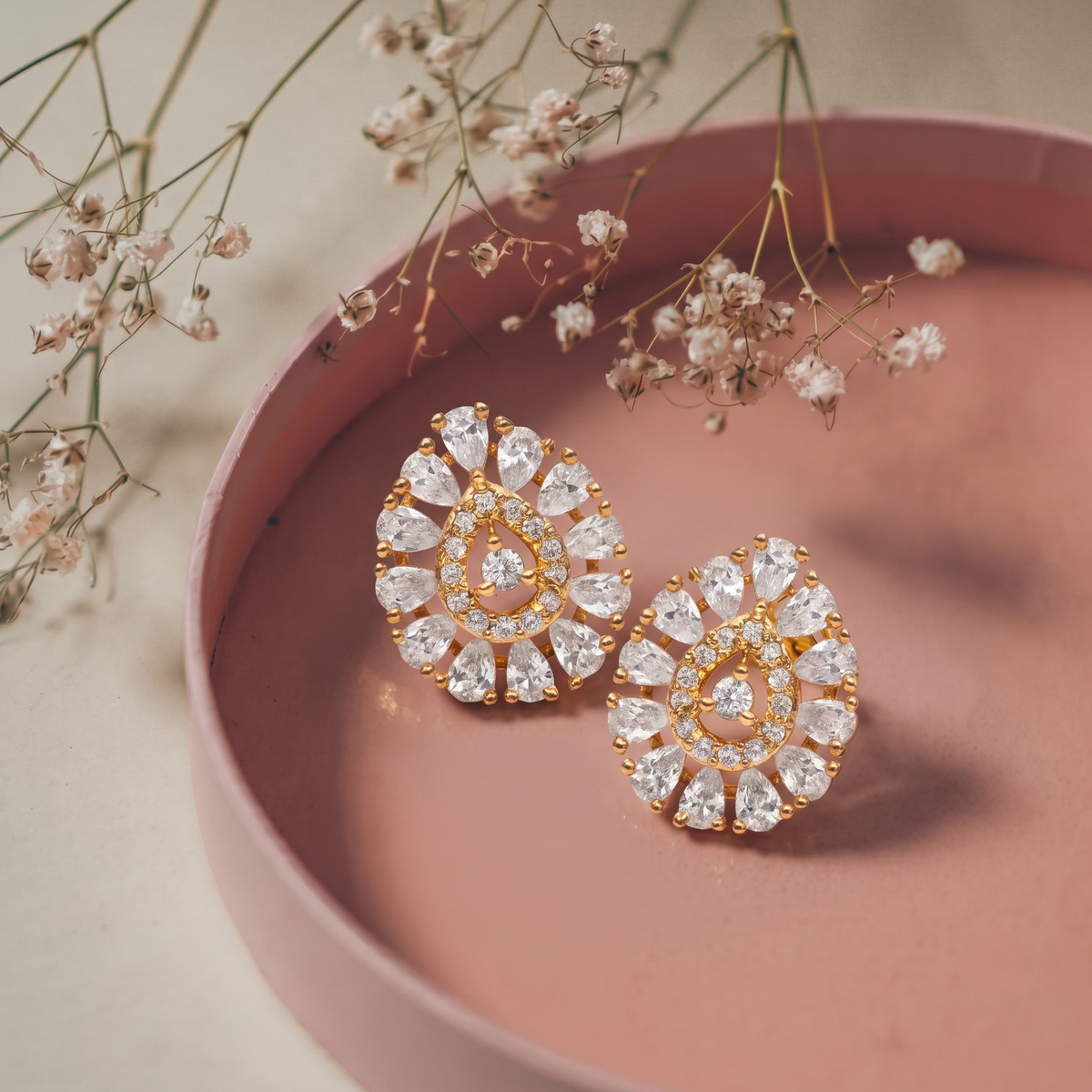 Gold-Plated CZ Teardrop Cluster Stud Earrings