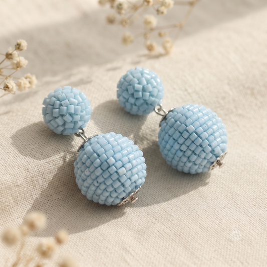 Handcrafted Light Blue Seed Bead Double Bauble Drop Earrings for Women