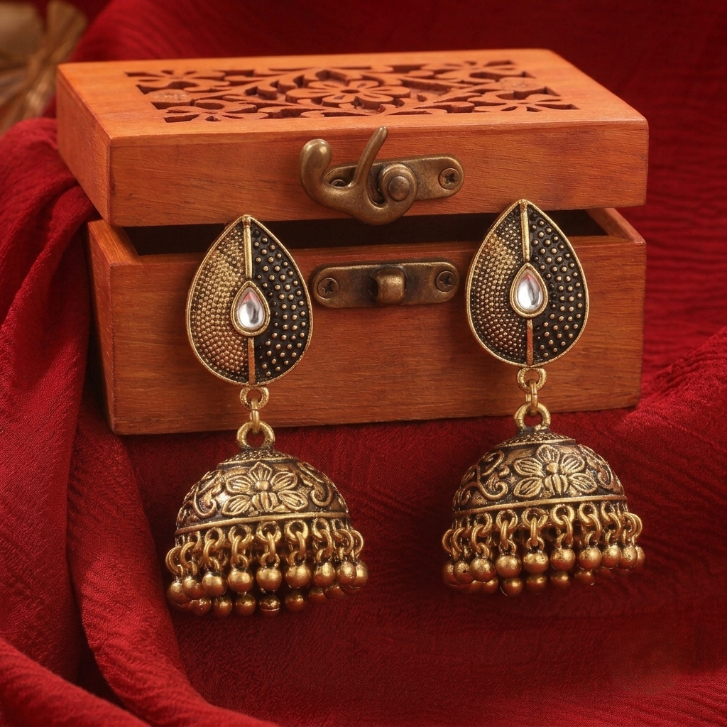 Antique Gold Dome Jhumka Earrings Textured Teardrop Stud Hanging Jhumki