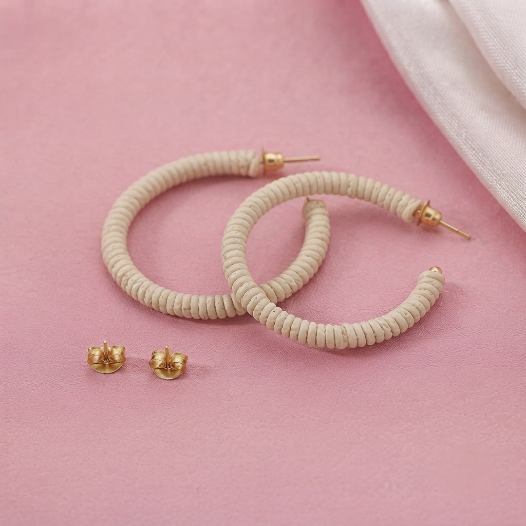 Handcrafted Beige Fabric Thread Wrapped Open Hoop Earrings for Women